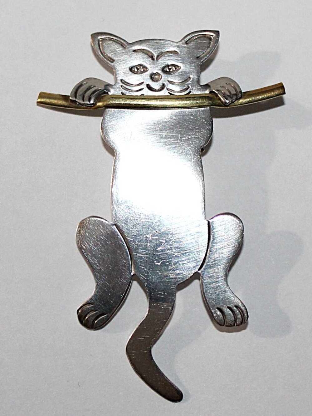 Vintage Sterling Silver & Brass Hang in There Cat Pendant Brooch 14 Grams Mexico